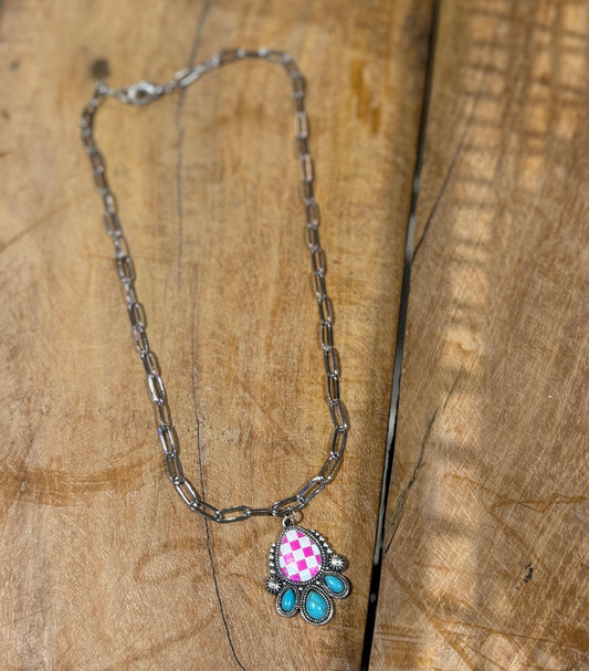 Pink Checker Drop Paperclip Necklace