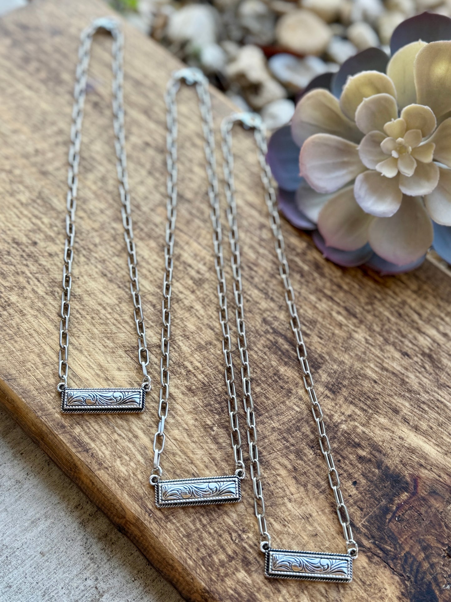 Silver Etched Bar Necklace