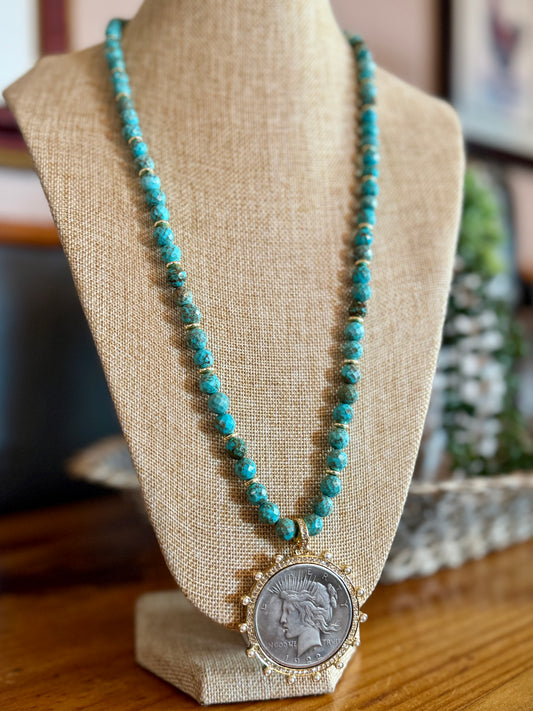 Gold Liberty Coin Turquoise Necklace