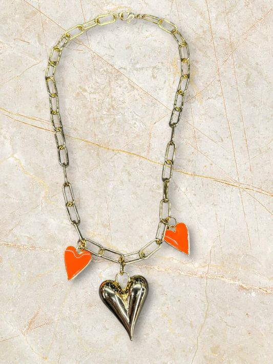 Triple Heart Chunky Charm Necklace