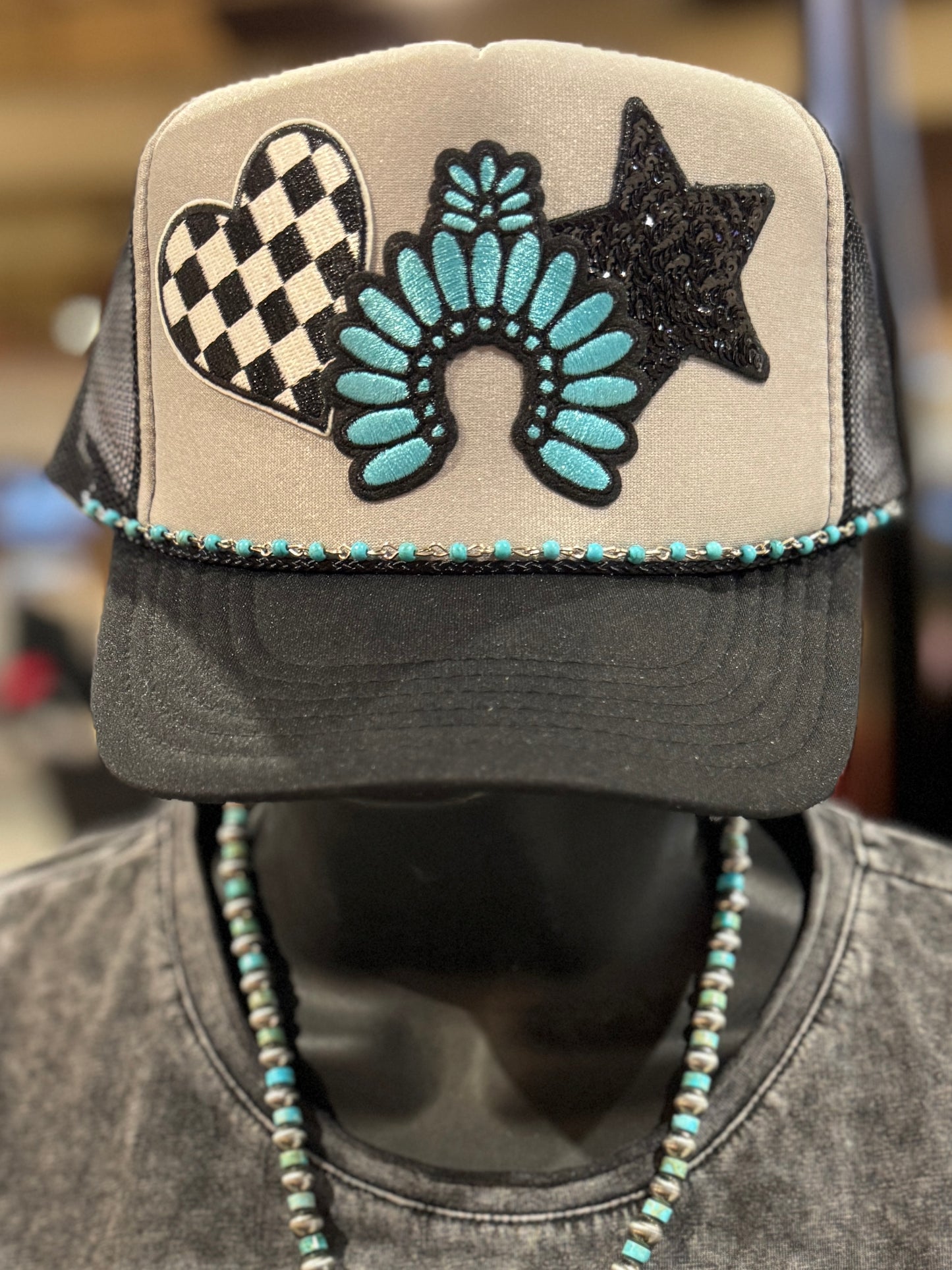 Turquoise Checker Trucker Hat