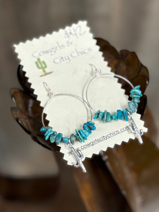 Turquoise Hoop With Cactus Earrings