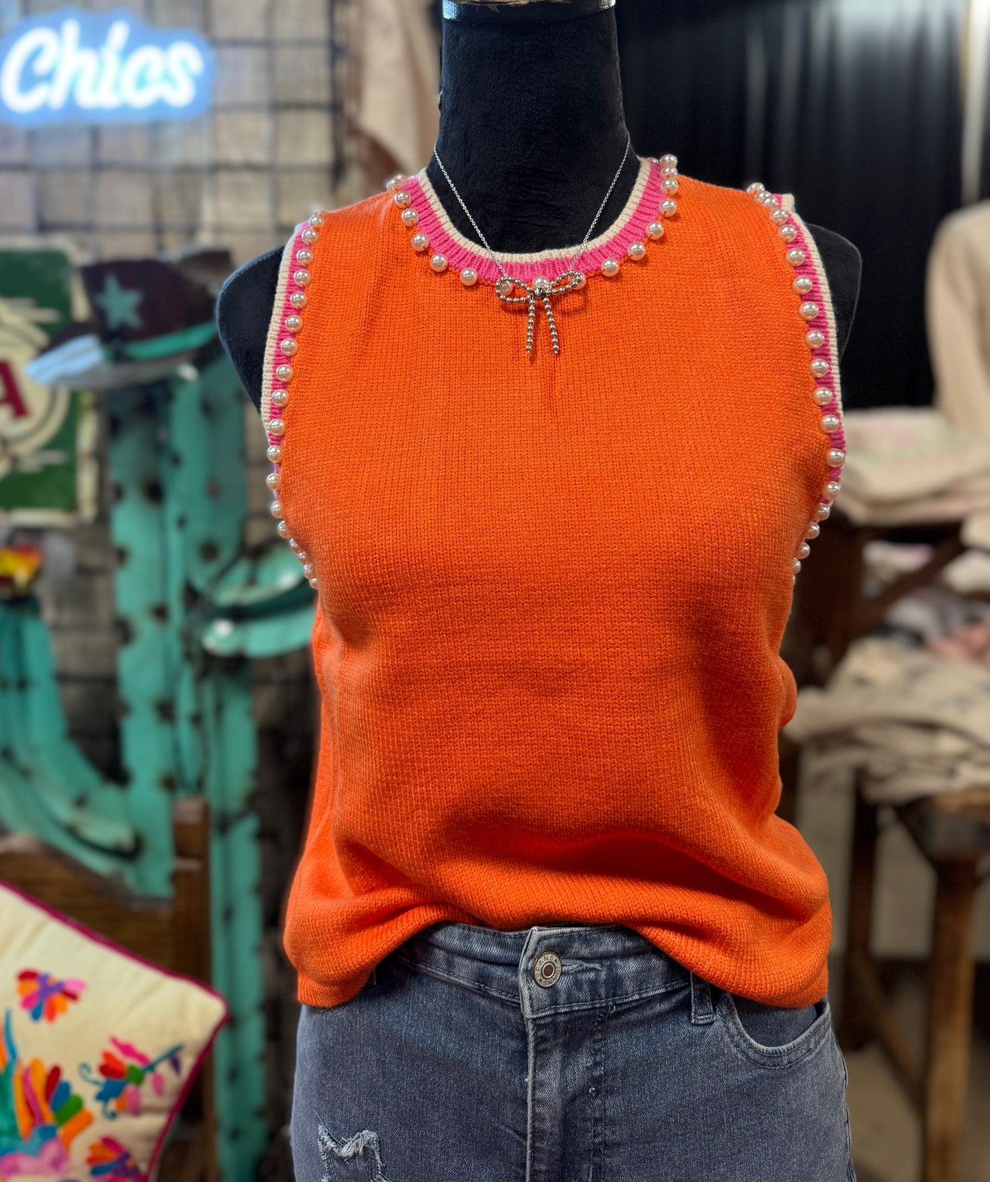 Sleeveless Knit Pearl Top